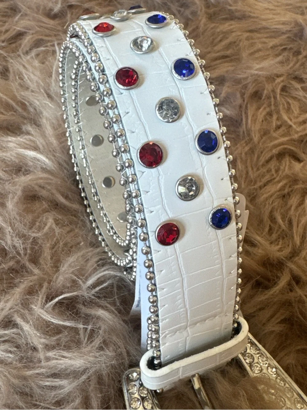 Patriotic belt rhinestones red white blue American flag beautiful chunky buckle